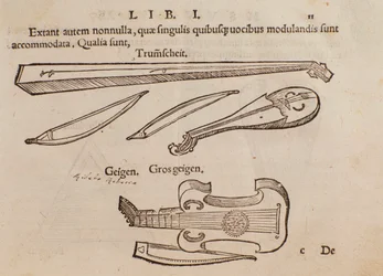 Darstellung von Streichinstrumenten und Bogenschützen. Seite aus Musurgia, praktische Anleitung zur Musik