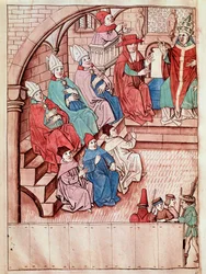 Darstellung des Konzils von Konstanz zwischen 1414 und 1418, oben Papst Martin V. Miniatur aus den Chroniken des Konzils von Konstanz von Ulrich Richental (1360-1437) um 1438