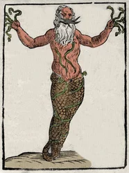 Darstellung der griechischen Gottheit Typhon (oder Typhoeus). Stich aus „Mythologiae sive explicationes fabularum“ von Natalis Comes. 1637.