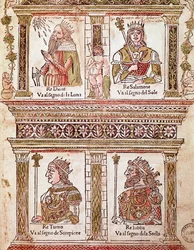 Darstellung der Seite der Könige: König David, König Salomo, König Turno und König Lubba (Seite der Könige) aus dem „Libro delle released“ von Lorenzo Spirito Gualtieri