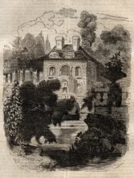 Residenz von Rousseau auf der Insel Saint-Pierre (St. Petersinsel) Bern - Schweiz - Illustration für die „Confessions“ von Jean-Jacques (Jean Jacques) Rousseau (1712-1778) - Gravur von 1849