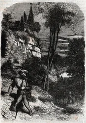 Rodomont, Isabella und der alte Einsiedler - Gravur von 1851 aus „Furious Roland“ (Orlando furioso) (16. Jahrhundert) von Ludovico Ariosto, bekannt als Ariosto - Ausgabe übersetzt aus dem Italienischen von Graf von Tressan und veröffentlicht von Gustave Ha