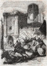 Rodomont bricht die Türen des Palais in Paris - Gravur von 1851 aus „Roland furieux“ (Orlando furioso) (16. Jahrhundert) von Ludovico Ariosto, bekannt als Ariosto - Ausgabe übersetzt aus dem Italienischen von Graf von Tressan und veröffentlicht von Gustave