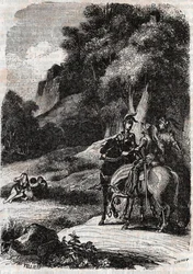 Roger, Marphise und die drei Frauen - Gravur von 1851 aus „Roland furieux“ (Orlando furioso) (16. Jahrhundert) von Ludovico Ariosto, bekannt als Ariosto - Ausgabe übersetzt aus dem Italienischen von Graf von Tressan und veröffentlicht von Gustave Harvard