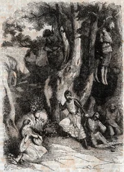 Roland und die sieben Räuber der Höhle - Gravur von 1851 aus „Roland furieux“ (Orlando furioso) (16. Jahrhundert) von Ludovico Ariosto, bekannt als der Ariosta - Ausgabe übersetzt aus dem Italienischen von Graf von Tressan und veröffentlicht von Gustave Ha