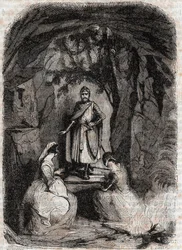 Roland sieht Isabelle in einer Höhle - Gravur von 1851 aus „Furioser Roland“ (Orlando furioso) (16. Jahrhundert) von Ludovico Ariosto, bekannt als der Ariosta - Ausgabe übersetzt aus dem Italienischen von Graf von Tressan und veröffentlicht von Gustave Har