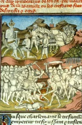 Rolands Tod. Karl der Große schickt seine Ritter in den Kampf; der Ritter Roland wird in der Schlacht von Roncesvaux (778) getötet - Miniatur des Mittelalters (Ref. 512)