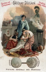 Römische Herrschaft in Griechenland: Plünderung von Korinth durch Lucius Mummius im Jahr 146 v. Chr. in der Region Achaia (Akhaia). In „Allgemeine Geschichte der Münzen“. Chromolithografie der Schokolade Poulain vom Ende des 19. Jahrhunderts.