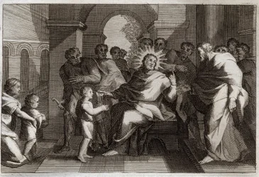 Bibel von Royaumont, Neues Testament: Kind als Vorbild der Demut. Jesus Christus stellt seinen Jüngern ein Kind als Vorbild des demütigen Christen vor. Illustration von 1811.