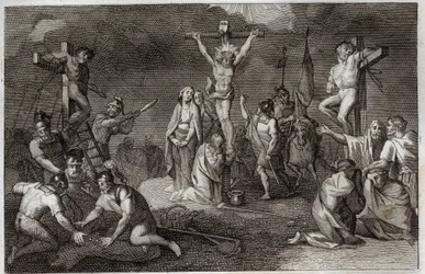 Royaumont-Bibel, Neues Testament: Kreuzigung Jesu Christi. Die Jungfrau Maria, Maria Magdalena und Johannes am Fuße des Kreuzes, der heilige Longinus mit seiner Lanze, Soldaten spielen um das Gewand Christi. An den Seiten, Darstellungen von...