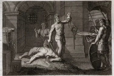 Royaumont-Bibel, Neues Testament: Enthauptung von Johannes dem Täufer. Man legt seinen Kopf auf ein Tablett. Illustration von 1811.