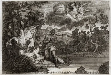 Royaumont-Bibel, Neues Testament: Eunuch tauft. Der Diakon Philippus verkündet einem Eunuchen der Königin von Äthiopien den Glauben und tauft ihn. Illustration von 1811.