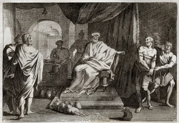 Royaumont-Bibel, Neues Testament: Gleichnis von den Talenten. Ein Herr bestraft einen seiner Diener, der das ihm gegebene Geld versteckt hat. Illustration von 1811.