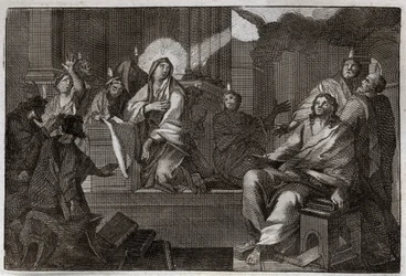 Royaumont-Bibel, Neues Testament: Pfingsten. Der Heilige Geist kommt auf die Jungfrau Maria und die Apostel herab. Illustration von 1811.
