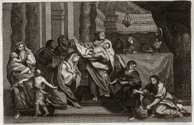 Royaumont-Bibel, Neues Testament: Reinigung der Jungfrau oder Darstellung im Tempel. Die Heilige Familie bietet Jesus Christus dem Tempel an und übergibt ihn Symeon. Eine Frau hält zwei Tauben in einem Korb. Illustration von 1811.