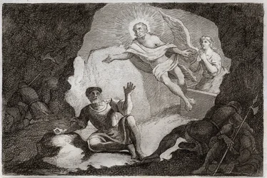 Bibel von Royaumont, Neues Testament: Auferstehung. Jesus Christus erhebt sich aus seinem Grab unter dem Staunen der römischen Soldaten, die eingeschlafen waren. Illustration von 1811 (Gravur)