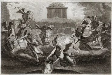 Bibel von Royaumont, Neues Testament: Sieben Engel blasen die Posaunen der Offenbarung nach dem Öffnen des siebten Siegels des Buches durch das Lamm. Ein anderer Engel nimmt ein Räuchergefäß, füllt es mit dem Feuer des Altars und wirft es auf die Erde. Ill