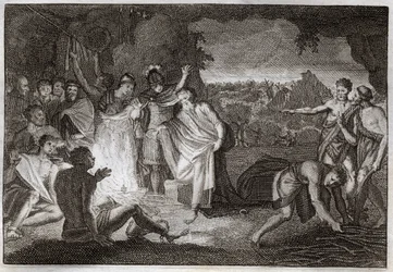 Royaumont-Bibel, Neues Testament: Schiffbruch des Heiligen Paulus. Er wird von einer Viper gebissen, ohne Schaden zu nehmen. Illustration von 1811.