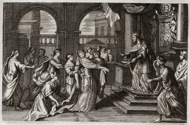 Royaumont-Bibel, Altes Testament: Esther stellt sich vor König Xerxes I (Assuerus I), um ihr Volk vor dem drohenden Tod zu retten. Illustration von 1811.