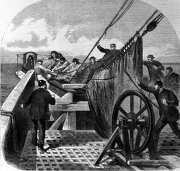 Bruch des transatlantischen Telegraphenkabels an Bord des Schiffes Great Eastern, umgebaut zu einem transatlantischen Telegraphenkabelschiff zwischen Europa und Amerika, Kabelbruch 1865