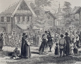 Russland (19. Jh.). Party in einem Dorf. 1879 (Gravur)