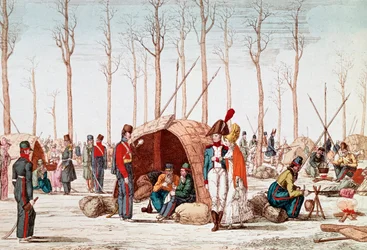 Russische Soldaten biwakieren auf den Champs-Elysées, Paris, Frankreich, 31. März 1814