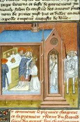 Krönung von Karl dem Großen (742 - 814) im Jahr 800 durch Papst Leo III. - Illumination eines Manuskripts aus dem Mittelalter (ref. 512, 089v) Genehmigung der Stadtbibliothek Toulouse erforderlich (tel: 05 62 27 66 66)