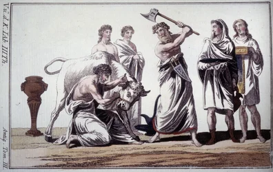 Opferung eines Stiers. Brauch in der römischen Antike. Frühere 19. Jahrhundert Gravur