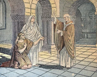 Heiliger Augustinus von Hippo (354-430) und seine Mutter Sainte Monique vor dem Heiligen Ambrosius (340-397) in Mailand, 387 (St. Augustinus von Hippo mit seiner Mutter St. Monika vor St. Ambrosius von Mailand, 387) Illustration aus „Le pelerin“ 1933 Priva