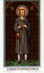 Heiliger Benedikt von Nursia (geboren in Nurcia (Nurcia) in Umbrien um 480 - 527) als Pilger. Chromolithographie von 1885