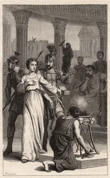 Heilige Blandina - Heilige Blandine (Märtyrerin 177) weigert sich, den Götzen zu opfern - Gravur in „Die berühmten Frauen Frankreichs“ von Oscar Havard - 1886