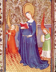 Heilige Cäcilia umgeben von zwei Engelmusikern Miniatur aus „Die Stunden von Eduard I. (Duarte) von Portugal“