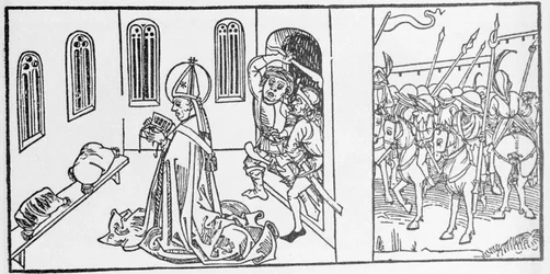 Heiliger Lambert. Gravur aus „Leben der Heiligen - Sommerteil“ (Das Buch der Heiligen) von Jacobus (James) von Voragine (1228-1298). Lübeck 1488.