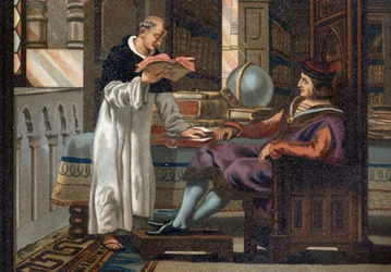 Heiliger Ludwig (1214-1270), König von Frankreich, und sein Berater Saint Vincent de Beauvais (ca. 1190-1264), nach „La Ciencia y sus Hombres par Louis Figuier“. Barcelona 1881