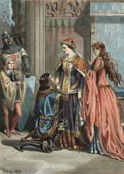 Heiliger Ludwig (1214-1270), König von Frankreich, und seine Mutter Blanche de Castille (1188-1252). Gravur von 1881 in „El Culto de la Hermosura“ von Juan Justo Huguet, Molinas Hermanos editores