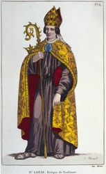 Heiliger Ludwig von Toulouse oder Heiliger Ludwig von Anjou. Großneffe von Ludwig dem Heiligen (1274 bis 1297), Bischof von Toulouse. Gravur von 1830
