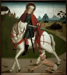 Der heilige Martin und der Bettler. Er zerschnitt seinen Mantel, um ihn einem Bettler zu geben. Anonymes Gemälde, um 1490. Ungarische Nationalgalerie, Budapest, Ungarn.