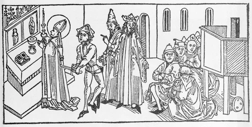 Heiliger Matthäus. Gravur aus „Leben der Heiligen - sommerteil“ (Das Buch der Heiligen) von Jacobus (James) von Voragine (1228-1298). Lübeck 1488