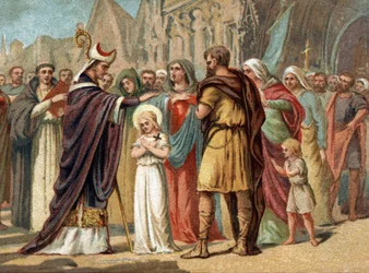 Sainte Genevieve, Schutzpatronin von Paris, Chromolithographie um 1890