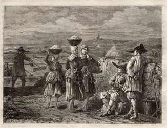 Salzverdunstungsbecken in der Bretagne - Paludiers und Sauniers in der Bretagne (Frankreich), Salzgärten - Gravur in 