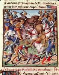 Kampfszene. Miniatur in „Le miroir historial“ (Speculum Historiale) (ms. 1196 fol. 408 r.) von Vincent de Beauvais (1190-1264), ins Französische übersetzt von Jean de Vignay