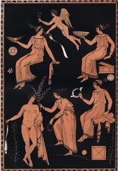 Szene der Einweihung in den Kult der Mysterien von Eleusis - Kult von Demeter und Persephone in Eleusis im antiken Griechenland - Gravur aus „Usi e Costumi di Tutti i Popoli dell