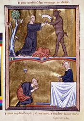 Szenen aus dem Leben des Mönchs Saint Theophile der Büßer (6. Jahrhundert). Er rief den Teufel an, um ihn aus dem Betteln zu befreien. Er tat Buße für den Rest seines Lebens. Miniatur aus dem „Psalter von Ingeburg von Dänemark“, um 1210. Sainte Genevieve B
