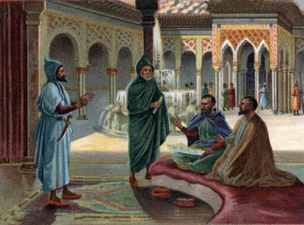 Szenen aus untergegangenen Königreichen: Maurischer Rat (maurisch, Bezeichnung für die Araber, die einen Teil Spaniens besetzten) im Alhambra-Palast in Granada. Granada ist der letzte maurische Staat, der 1482 endete. Chromolithografie des 19.