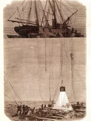 Suche nach gesunkenen spanischen Galeonen in der Bucht von Vigo im Jahr 1702. Seite aus „Emporio Picturesco“ 1871