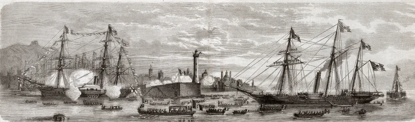 Zweiter Italienischer Unabhängigkeitskrieg, Italienfeldzug von 1859: Napoleon III. (1808-1873) im Hafen von Genua 12.05.1859 - Ankunft der Franzosen in Genua, 12. Mai