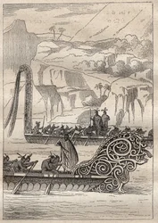 Zweite Reise (1772-1775) von Kapitän James Cook (1728-1779): Kriegskanus der Neuseeländer - Illustration aus „Die großen Seefahrer des 18. Jahrhunderts“