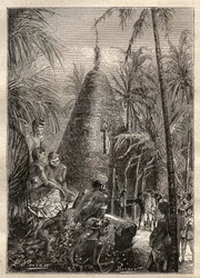 Zweite Reise (1772-1775) von Kapitän James Cook (1728-1779): traditionelles Rundhaus, auf dem Dach einer beträchtlichen Höhe (Neukaledonien) - Illustration aus „The Great Mariners of the 18th century“