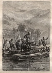 Zweite Reise (1772-1775) von Kapitän James Cook (1728-1779): Die Eingeborenen hatten genug Vertrauen, um sich zu nähern und zu tauschen (Neukaledonien) - Illustration aus „Die großen Seefahrer des 18. Jahrhunderts“