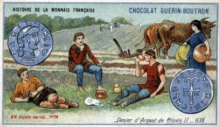 Serie Histoire de la Monnaie Française veröffentlicht von Chocolat Guérin Boutron. Chromolithographie 19. Jahrhundert. Silberdenar von Clovis II im Jahr 638